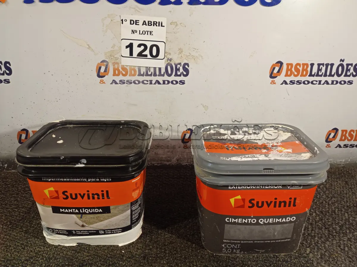 LOTE 120 - 01 BALDE DE CIMENTO QUEIMADO 5KG E 01 BALDE DE MANTA LIQUIDA 5GK MARCAS SUVINIL. (NO ESTADO) ATENÇÃO! FAZER A VISITAÇÃO ANTES DE ARREMATAR, NÃO SABEMOS SE FUNCIONA. LEILÃO NÃO TEM GARANTIA E NEM DEVOLUÇÃO, SUJEITO A POSSÍVEIS AVARIAS VISÍVEIS/OCULTAS E/OU AUSÊNCIA DE COMPONENTES.