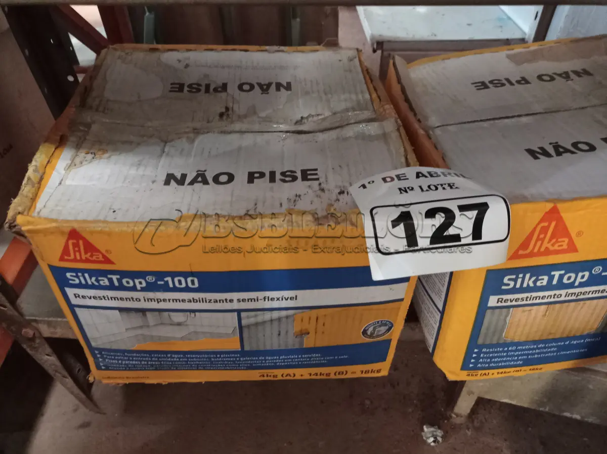 LOTE 127 - 02 CAIXAS DE SIKA TOP 100, REVESTIMENTO IMPERMEABILIZANTE SEMI-FLEXIVEL. (NO ESTADO) ATENÇÃO! FAZER A VISITAÇÃO ANTES DE ARREMATAR, NÃO SABEMOS SE FUNCIONA. LEILÃO NÃO TEM GARANTIA E NEM DEVOLUÇÃO, SUJEITO A POSSÍVEIS AVARIAS VISÍVEIS/OCULTAS E/OU AUSÊNCIA DE COMPONENTES.