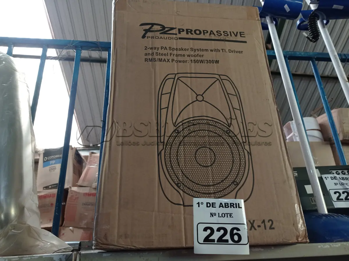 LOTE 226 - 01 CAIXA DE SOM PZ PROPASSIVE MODELO PX-12. (NO ESTADO) ATENÇÃO! FAZER A VISITAÇÃO ANTES DE ARREMATAR, NÃO SABEMOS SE FUNCIONA. LEILÃO NÃO TEM GARANTIA E NEM DEVOLUÇÃO, SUJEITO A POSSÍVEIS AVARIAS VISÍVEIS/OCULTAS E/OU AUSÊNCIA DE COMPONENTES.