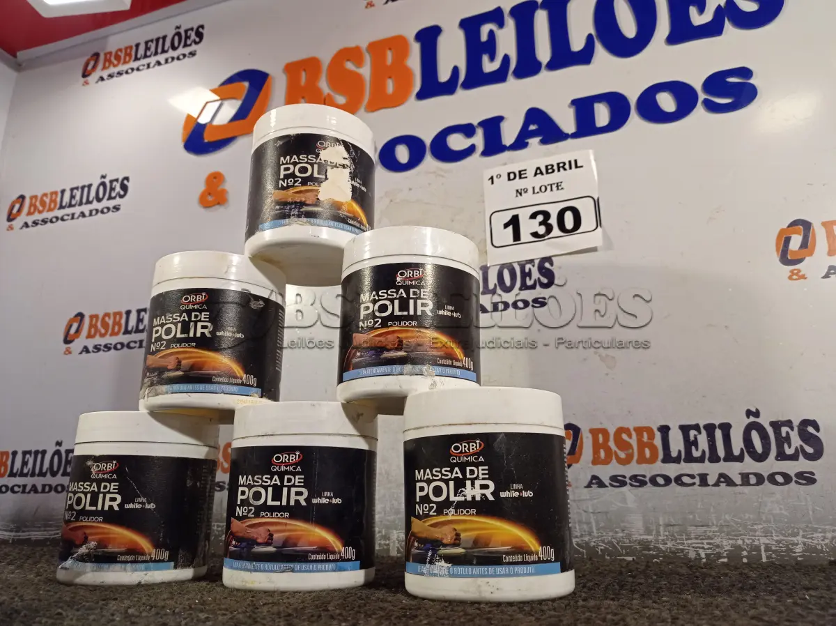 LOTE 130 - 06 LATAS DE MASSA DE POLIR Nº2 400G. (NO ESTADO) ATENÇÃO! FAZER A VISITAÇÃO ANTES DE ARREMATAR, NÃO SABEMOS SE FUNCIONA. LEILÃO NÃO TEM GARANTIA E NEM DEVOLUÇÃO, SUJEITO A POSSÍVEIS AVARIAS VISÍVEIS/OCULTAS E/OU AUSÊNCIA DE COMPONENTES.
