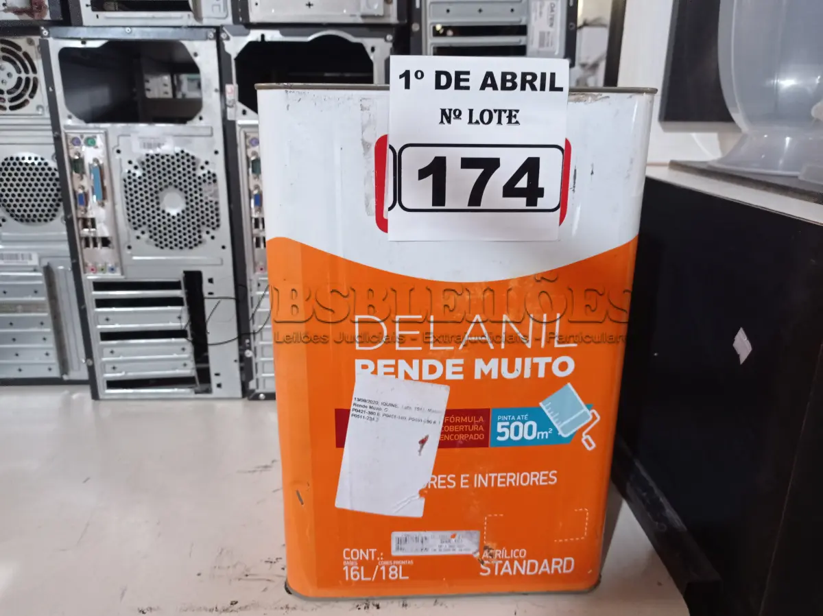 LOTE 174 - 01 LATA DE TINTA IQUINE DELANIL RENDE MUITO 18L FOSCO BASE “C”. (NO ESTADO) ATENÇÃO! FAZER A VISITAÇÃO ANTES DE ARREMATAR, NÃO SABEMOS SE FUNCIONA. LEILÃO NÃO TEM GARANTIA E NEM DEVOLUÇÃO, SUJEITO A POSSÍVEIS AVARIAS VISÍVEIS/OCULTAS E/OU AUSÊNCIA DE COMPONENTES.