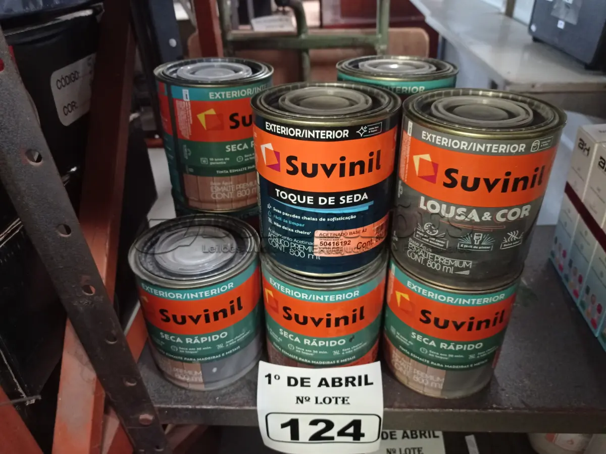 LOTE 124 - 10 LATAS DE ESMALTE SINTÉTICO SUVINIL 800ML CORES DIVERSAS. (NO ESTADO) ATENÇÃO! FAZER A VISITAÇÃO ANTES DE ARREMATAR, NÃO SABEMOS SE FUNCIONA. LEILÃO NÃO TEM GARANTIA E NEM DEVOLUÇÃO, SUJEITO A POSSÍVEIS AVARIAS VISÍVEIS/OCULTAS E/OU AUSÊNCIA DE COMPONENTES.