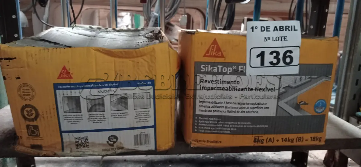 LOTE 136 - 02 CAIXAS DE SIKA TOP 100, REVESTIMENTO IMPERMEABILIZANTE SEMI-FLEXIVEL. (NO ESTADO) ATENÇÃO! FAZER A VISITAÇÃO ANTES DE ARREMATAR, NÃO SABEMOS SE FUNCIONA. LEILÃO NÃO TEM GARANTIA E NEM DEVOLUÇÃO, SUJEITO A POSSÍVEIS AVARIAS VISÍVEIS/OCULTAS E/OU AUSÊNCIA DE COMPONENTES.