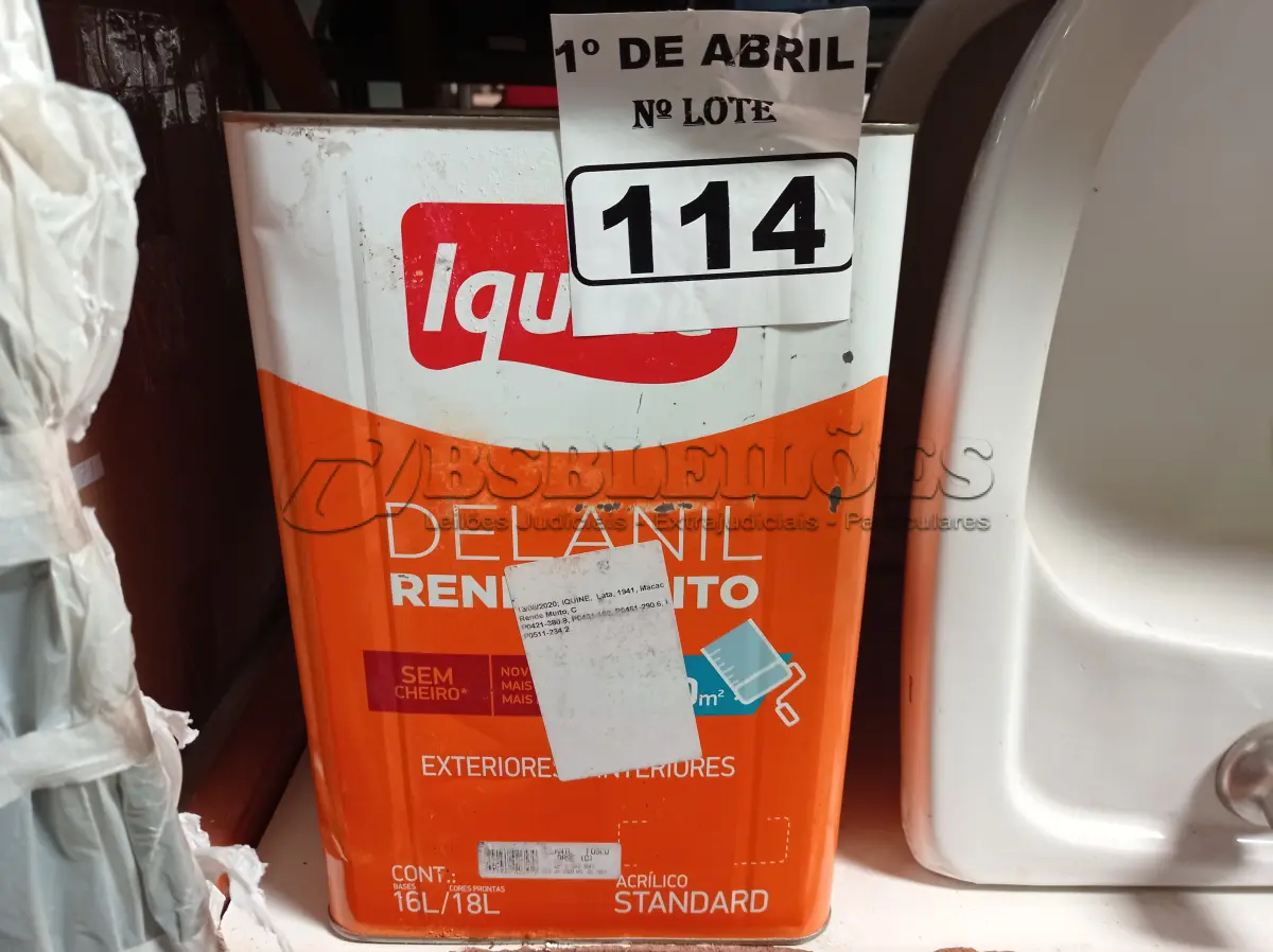 LOTE 114 - 01 LATA DE TINTA IQUINE DELANIL RENDE MUITO 18L FOSCO BASE “C”. (NO ESTADO) ATENÇÃO! FAZER A VISITAÇÃO ANTES DE ARREMATAR, NÃO SABEMOS SE FUNCIONA. LEILÃO NÃO TEM GARANTIA E NEM DEVOLUÇÃO, SUJEITO A POSSÍVEIS AVARIAS VISÍVEIS/OCULTAS E/OU AUSÊNCIA DE COMPONENTES.