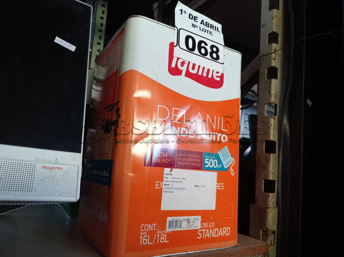 LOTE 068 - 01 LATA DE TINTA IQUINE DELANIL RENDE MUITO 18L FOSCO BASE “C”. (NO ESTADO) ATENÇÃO! FAZER A VISITAÇÃO ANTES DE ARREMATAR, NÃO SABEMOS SE FUNCIONA. LEILÃO NÃO TEM GARANTIA E NEM DEVOLUÇÃO, SUJEITO A POSSÍVEIS AVARIAS VISÍVEIS/OCULTAS E/OU AUSÊNCIA DE COMPONENTES.
