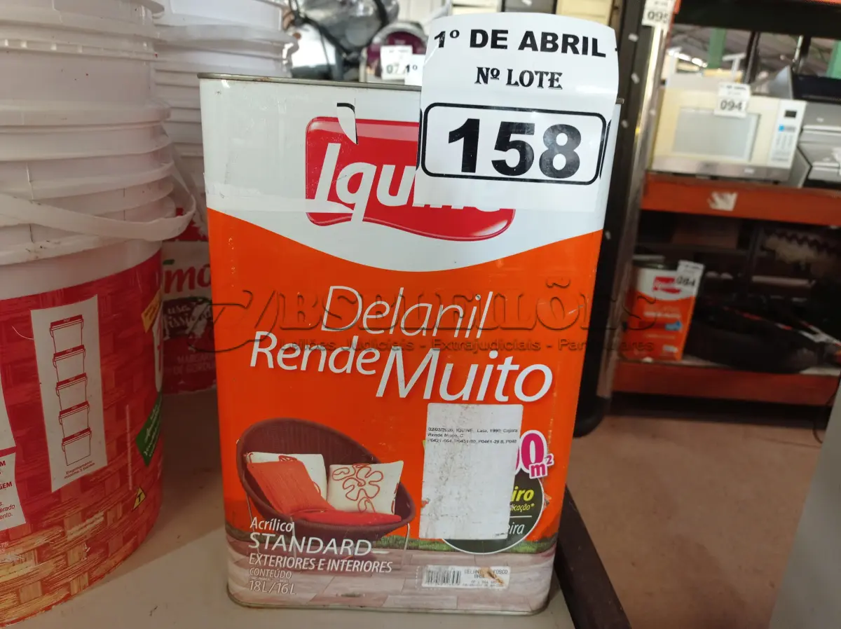 LOTE 158 - 01 LATA DE TINTA IQUINE DELANIL RENDE MUITO 18L FOSCO BASE “C”. (NO ESTADO) ATENÇÃO! FAZER A VISITAÇÃO ANTES DE ARREMATAR, NÃO SABEMOS SE FUNCIONA. LEILÃO NÃO TEM GARANTIA E NEM DEVOLUÇÃO, SUJEITO A POSSÍVEIS AVARIAS VISÍVEIS/OCULTAS E/OU AUSÊNCIA DE COMPONENTES.