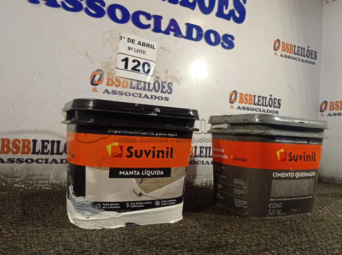 LOTE 120 - 01 BALDE DE CIMENTO QUEIMADO 5KG E 01 BALDE DE MANTA LIQUIDA 5GK MARCAS SUVINIL. (NO ESTADO) ATENÇÃO! FAZER A VISITAÇÃO ANTES DE ARREMATAR, NÃO SABEMOS SE FUNCIONA. LEILÃO NÃO TEM GARANTIA E NEM DEVOLUÇÃO, SUJEITO A POSSÍVEIS AVARIAS VISÍVEIS/OCULTAS E/OU AUSÊNCIA DE COMPONENTES.