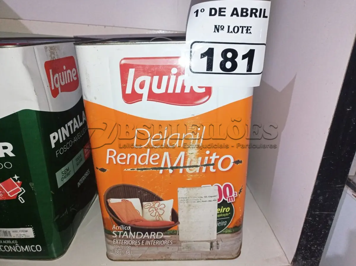 LOTE 181 - 01 LATA DE TINTA IQUINE DELANIL RENDE MUITO 18L FOSCO BASE “C”. (NO ESTADO) ATENÇÃO! FAZER A VISITAÇÃO ANTES DE ARREMATAR, NÃO SABEMOS SE FUNCIONA. LEILÃO NÃO TEM GARANTIA E NEM DEVOLUÇÃO, SUJEITO A POSSÍVEIS AVARIAS VISÍVEIS/OCULTAS E/OU AUSÊNCIA DE COMPONENTES.