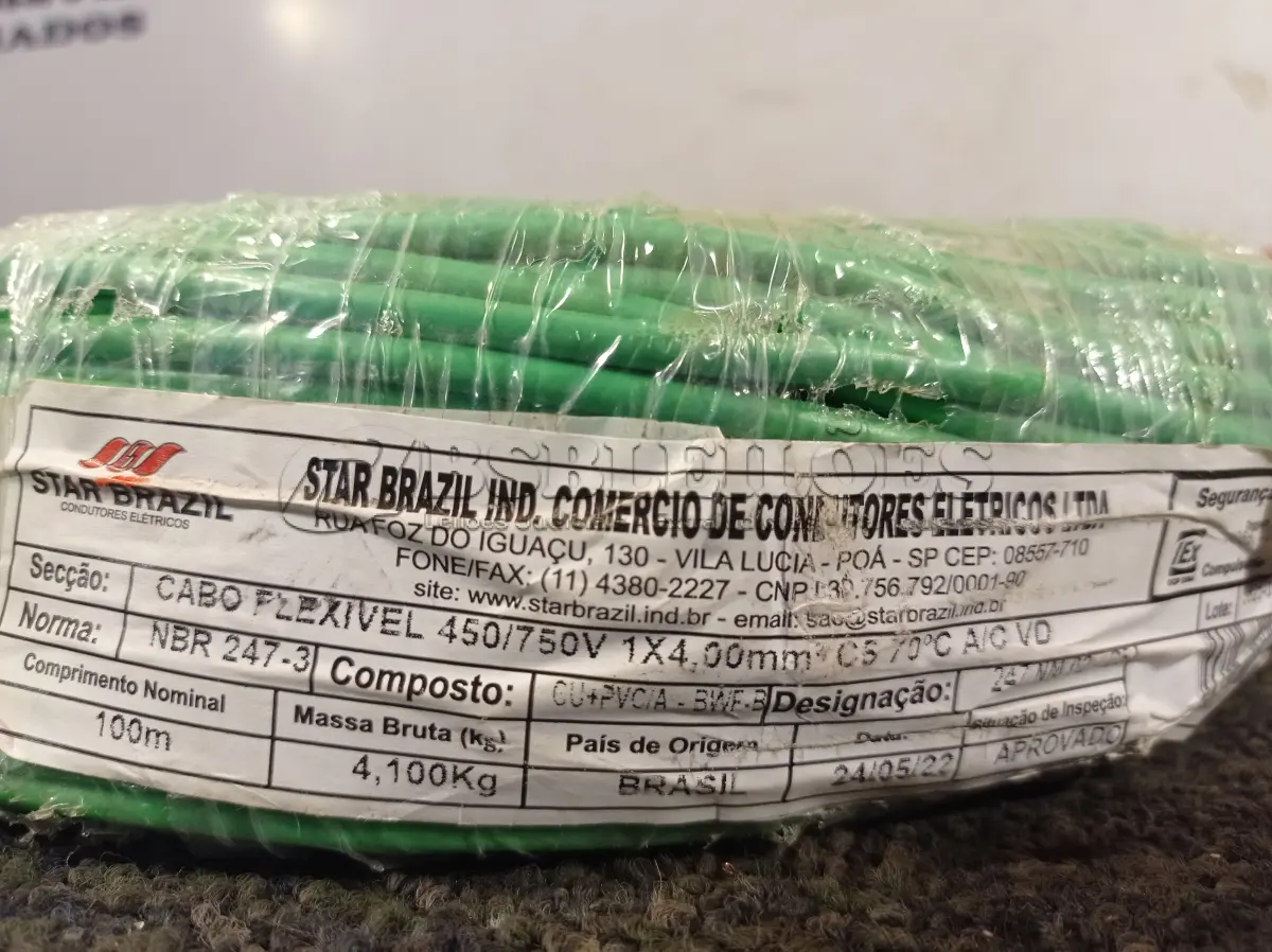 LOTE 365 - 01 ROLO DE CABO FLEXÍVEL 100M 4MM NA COR VERDE(NOVO). (NO ESTADO) ATENÇÃO! FAZER A VISITAÇÃO ANTES DE ARREMATAR, NÃO SABEMOS SE FUNCIONA. LEILÃO NÃO TEM GARANTIA E NEM DEVOLUÇÃO, SUJEITO A POSSÍVEIS AVARIAS VISÍVEIS/OCULTAS E/OU AUSÊNCIA DE COMPONENTES.