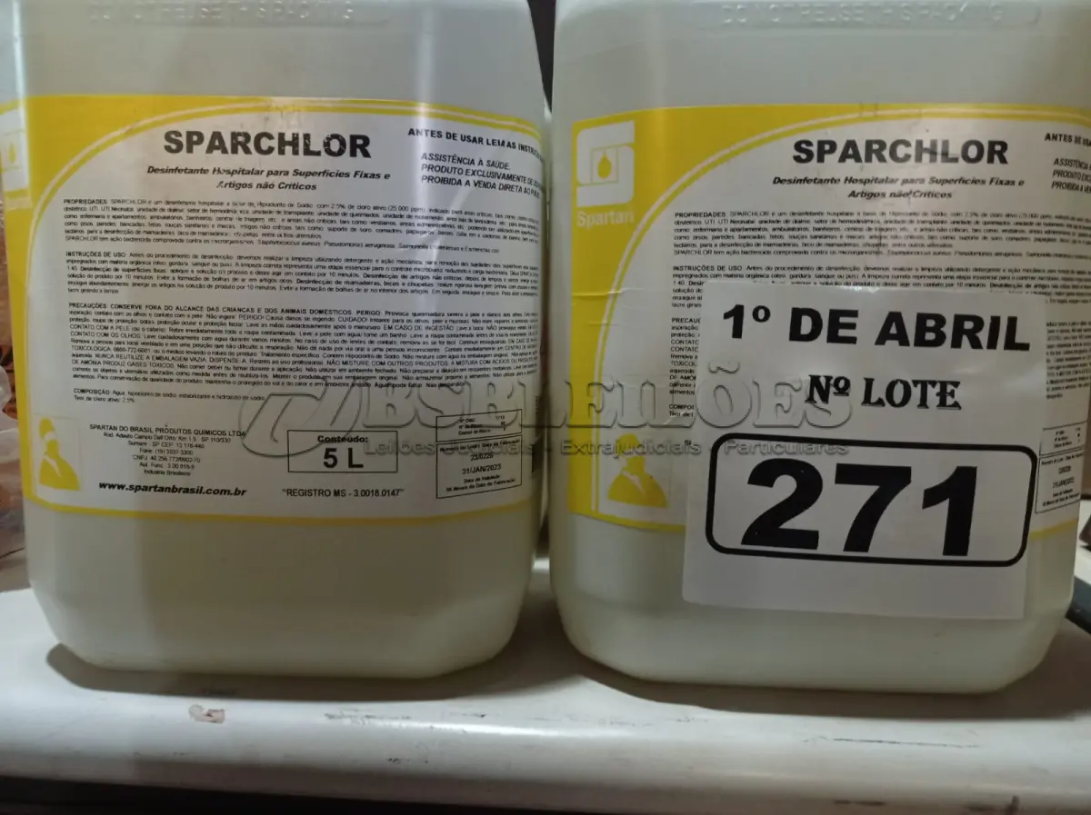 LOTE 271 - 20 LITROS DE DESINFETANTE HOSPITALAR PARA SUPERFÍCIES FIXAS E ARTIGOS NÃO CRÍTICOS. (NO ESTADO) ATENÇÃO! FAZER A VISITAÇÃO ANTES DE ARREMATAR, NÃO SABEMOS SE FUNCIONA. LEILÃO NÃO TEM GARANTIA E NEM DEVOLUÇÃO, SUJEITO A POSSÍVEIS AVARIAS VISÍVEIS/OCULTAS E/OU AUSÊNCIA DE COMPONENTES.
