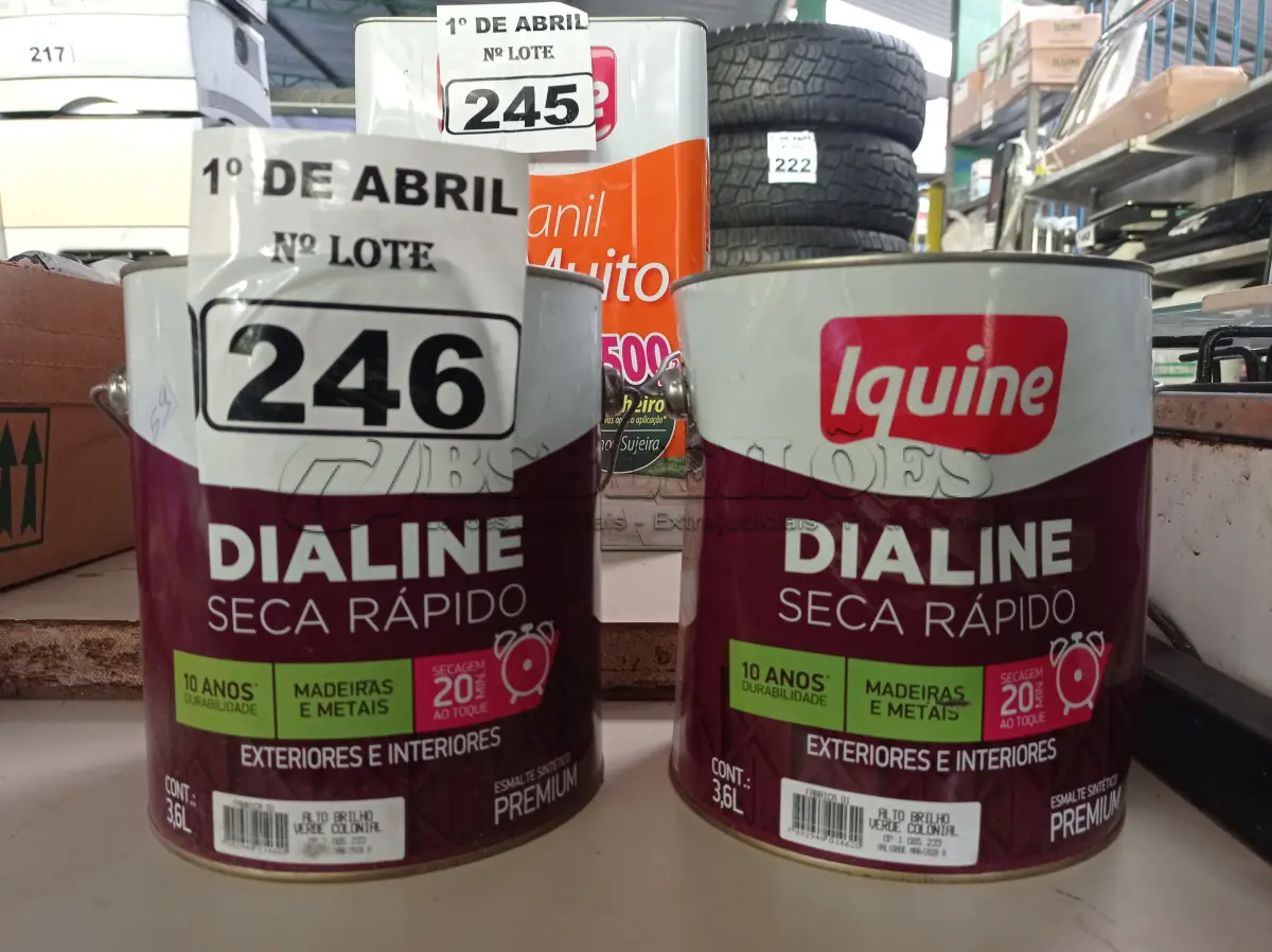 LOTE 246 - 02 GALÕES DE ESMALTE SINTÉTICO IQUINE DIALINE 3,6L NA COR VERDE COLONIAL. (NO ESTADO) ATENÇÃO! FAZER A VISITAÇÃO ANTES DE ARREMATAR, NÃO SABEMOS SE FUNCIONA. LEILÃO NÃO TEM GARANTIA E NEM DEVOLUÇÃO, SUJEITO A POSSÍVEIS AVARIAS VISÍVEIS/OCULTAS E/OU AUSÊNCIA DE COMPONENTES.