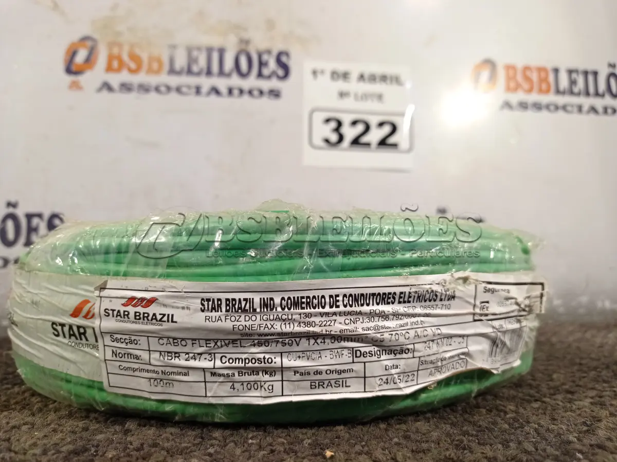 LOTE 322 - 01 ROLO DE CABO FLEXÍVEL 100M 4MM NA COR VERDE(NOVO). (NO ESTADO) ATENÇÃO! FAZER A VISITAÇÃO ANTES DE ARREMATAR, NÃO SABEMOS SE FUNCIONA. LEILÃO NÃO TEM GARANTIA E NEM DEVOLUÇÃO, SUJEITO A POSSÍVEIS AVARIAS VISÍVEIS/OCULTAS E/OU AUSÊNCIA DE COMPONENTES.