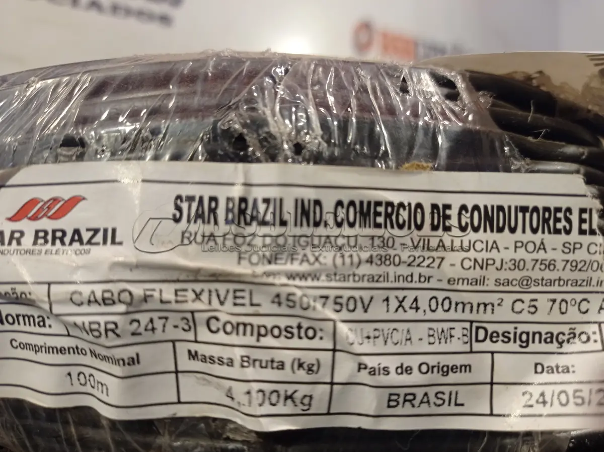 LOTE 359 - 01 ROLO DE CABO FLEXÍVEL 100M 4MM NA COR PRETA(NOVO). (NO ESTADO) ATENÇÃO! FAZER A VISITAÇÃO ANTES DE ARREMATAR, NÃO SABEMOS SE FUNCIONA. LEILÃO NÃO TEM GARANTIA E NEM DEVOLUÇÃO, SUJEITO A POSSÍVEIS AVARIAS VISÍVEIS/OCULTAS E/OU AUSÊNCIA DE COMPONENTES.