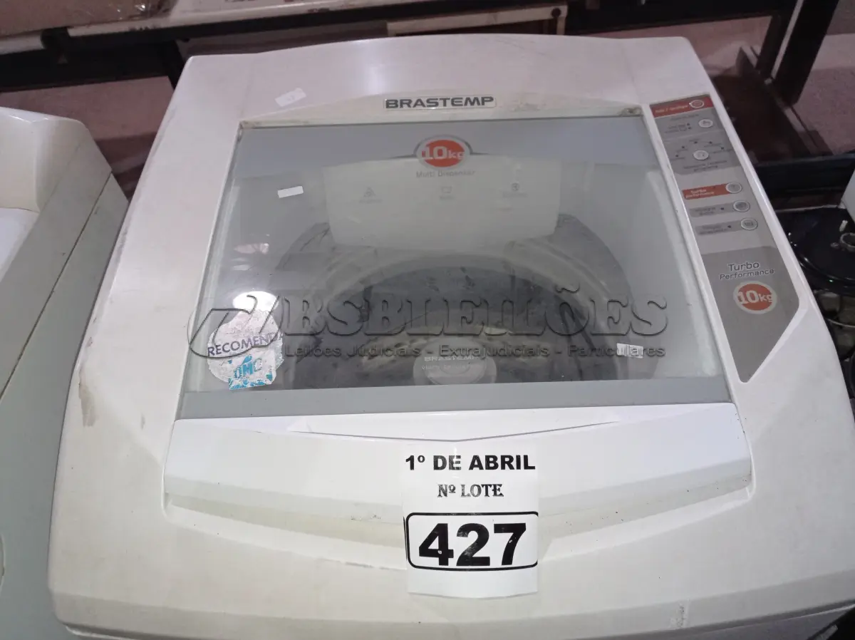 LOTE 427 - 01 LAVADORA MARCA BRASTEMP 10KG 220V. (NO ESTADO) ATENÇÃO! FAZER A VISITAÇÃO ANTES DE ARREMATAR, NÃO SABEMOS SE FUNCIONA. LEILÃO NÃO TEM GARANTIA E NEM DEVOLUÇÃO, SUJEITO A POSSÍVEIS AVARIAS VISÍVEIS/OCULTAS E/OU AUSÊNCIA DE COMPONENTES.