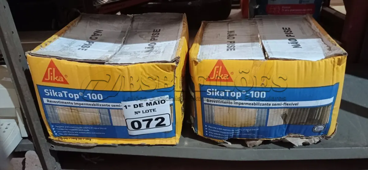LOTE 072 - 02 CAIXAS DE SIKA TOP-100, REVESTIMENTO IMPERMEABILIZANTE SEMI-FLEXIVEL 18KG. (NO ESTADO) ATENÇÃO! FAZER A VISITAÇÃO ANTES DE ARREMATAR, NÃO SABEMOS SE FUNCIONA. LEILÃO NÃO TEM GARANTIA E NEM DEVOLUÇÃO, SUJEITO A POSSÍVEIS AVARIAS VISÍVEIS/OCULTAS E/OU AUSÊNCIA DE COMPONENTES.