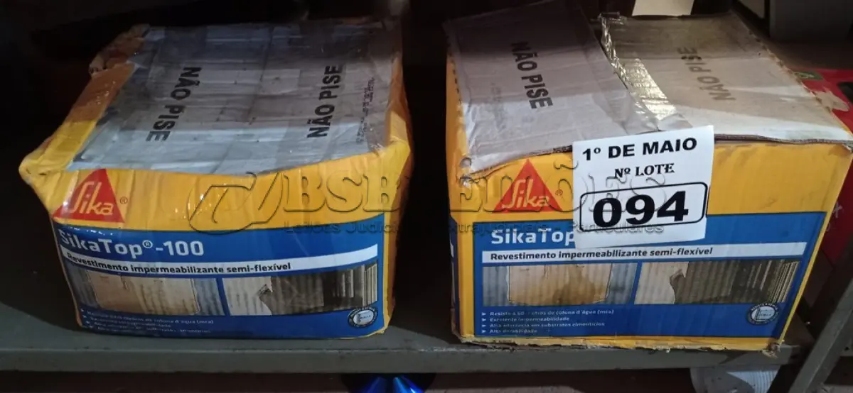 LOTE 094 - 02 CAIXAS DE SIKA TOP-100, REVESTIMENTO IMPERMEABILIZANTE SEMI-FLEXIVEL 18KG. (NO ESTADO) ATENÇÃO! FAZER A VISITAÇÃO ANTES DE ARREMATAR, NÃO SABEMOS SE FUNCIONA. LEILÃO NÃO TEM GARANTIA E NEM DEVOLUÇÃO, SUJEITO A POSSÍVEIS AVARIAS VISÍVEIS/OCULTAS E/OU AUSÊNCIA DE COMPONENTES.