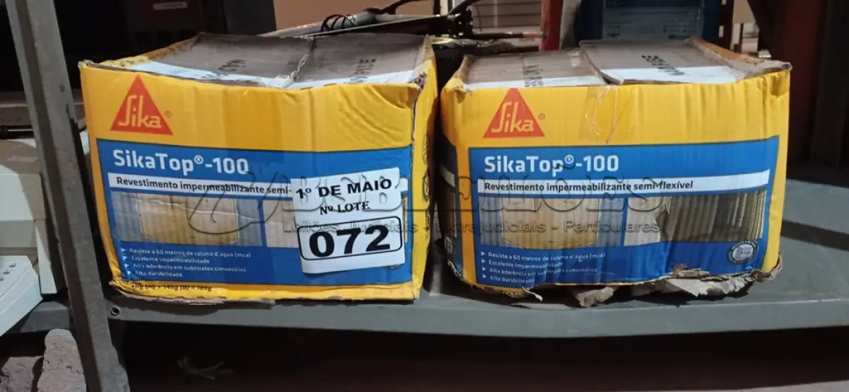 LOTE 072 - 02 CAIXAS DE SIKA TOP-100, REVESTIMENTO IMPERMEABILIZANTE SEMI-FLEXIVEL 18KG. (NO ESTADO) ATENÇÃO! FAZER A VISITAÇÃO ANTES DE ARREMATAR, NÃO SABEMOS SE FUNCIONA. LEILÃO NÃO TEM GARANTIA E NEM DEVOLUÇÃO, SUJEITO A POSSÍVEIS AVARIAS VISÍVEIS/OCULTAS E/OU AUSÊNCIA DE COMPONENTES.