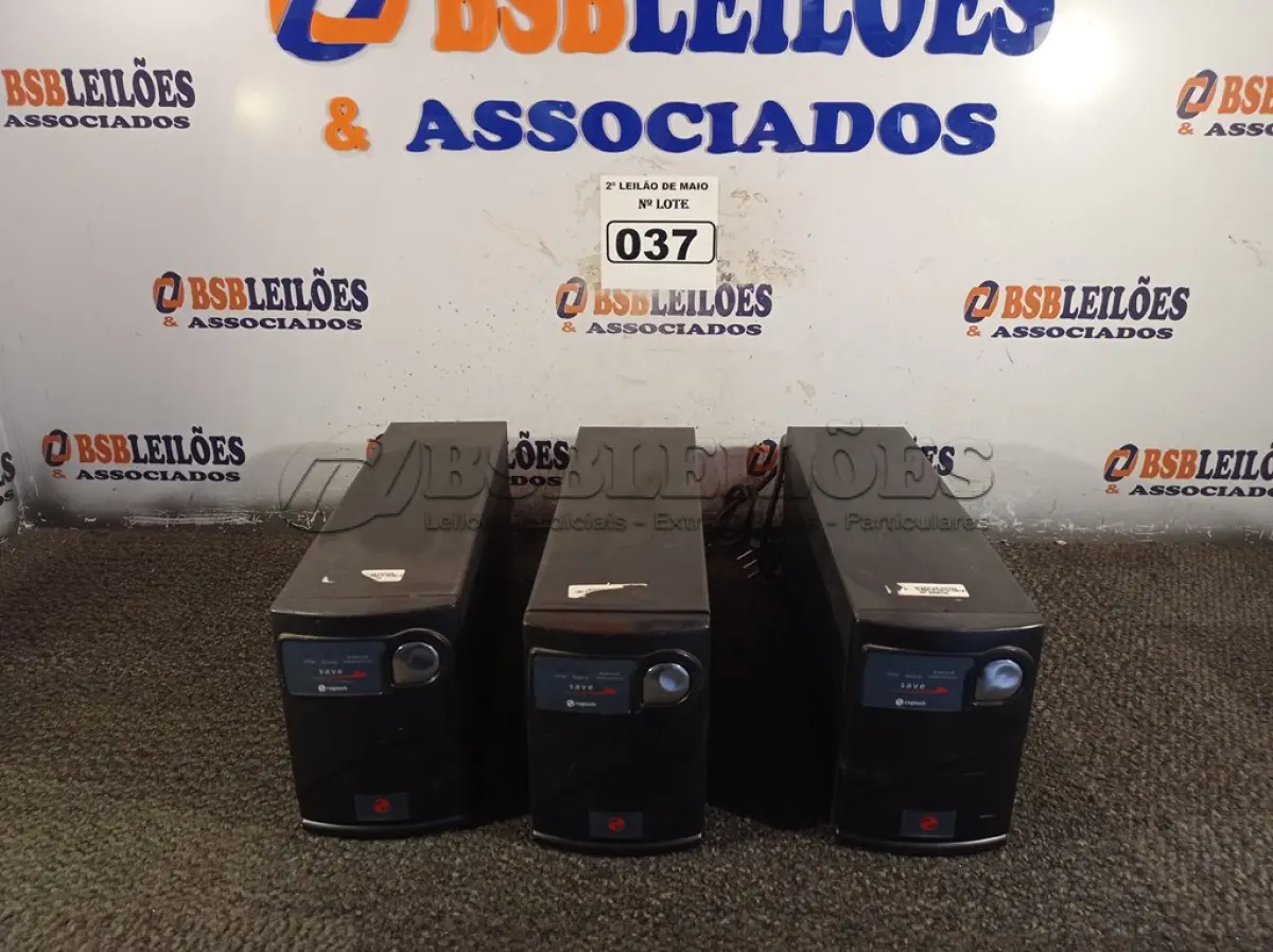 LOTE 037 - 03 NOBREAKS MARCAS RAGTECH 1200VA. (NO ESTADO) ATENÇÃO! FAZER A VISITAÇÃO ANTES DE ARREMATAR, NÃO SABEMOS SE FUNCIONA. LEILÃO NÃO TEM GARANTIA E NEM DEVOLUÇÃO, SUJEITO A POSSÍVEIS AVARIAS VISÍVEIS/OCULTAS E/OU AUSÊNCIA DE COMPONENTES.
