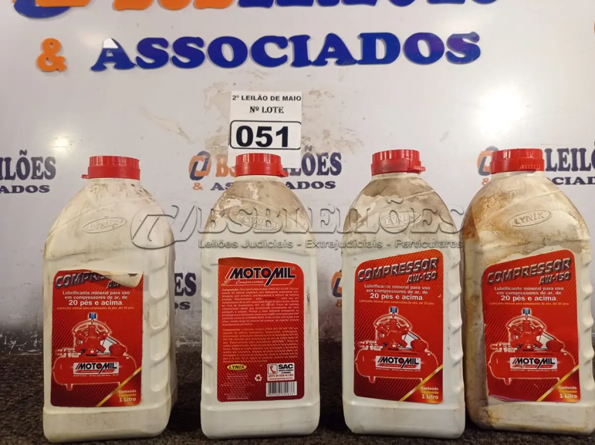 LOTE 051 - 04 LITROS DE LUBRIFICANTE MINERAL AW-150, PARA USO EM COMPRESSORES DE AR DE 20 PÉS E ACIMA. (NO ESTADO) ATENÇÃO! FAZER A VISITAÇÃO ANTES DE ARREMATAR, NÃO SABEMOS SE FUNCIONA. LEILÃO NÃO TEM GARANTIA E NEM DEVOLUÇÃO, SUJEITO A POSSÍVEIS AVARIAS VISÍVEIS/OCULTAS E/OU AUSÊNCIA DE COMPONENTES.
