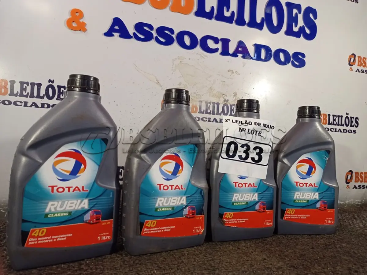 LOTE 033 - 04 LITROS DE ÓLEO MINERAL MONOVISCOSO PARA MOTORES A DIESEL API CF 40. (NO ESTADO) ATENÇÃO! FAZER A VISITAÇÃO ANTES DE ARREMATAR, NÃO SABEMOS SE FUNCIONA. LEILÃO NÃO TEM GARANTIA E NEM DEVOLUÇÃO, SUJEITO A POSSÍVEIS AVARIAS VISÍVEIS/OCULTAS E/OU AUSÊNCIA DE COMPONENTES.
