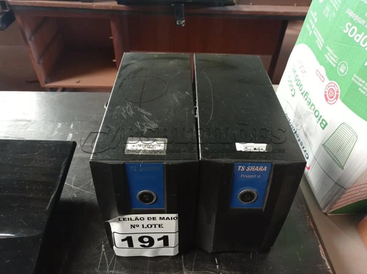 LOTE 191 - 02 ESTABILIZADORES TS SHARA 1500VA. (NO ESTADO) ATENÇÃO! FAZER A VISITAÇÃO ANTES DE ARREMATAR, NÃO SABEMOS SE FUNCIONA. LEILÃO NÃO TEM GARANTIA E NEM DEVOLUÇÃO, SUJEITO A POSSÍVEIS AVARIAS VISÍVEIS/OCULTAS E/OU AUSÊNCIA DE COMPONENTES.