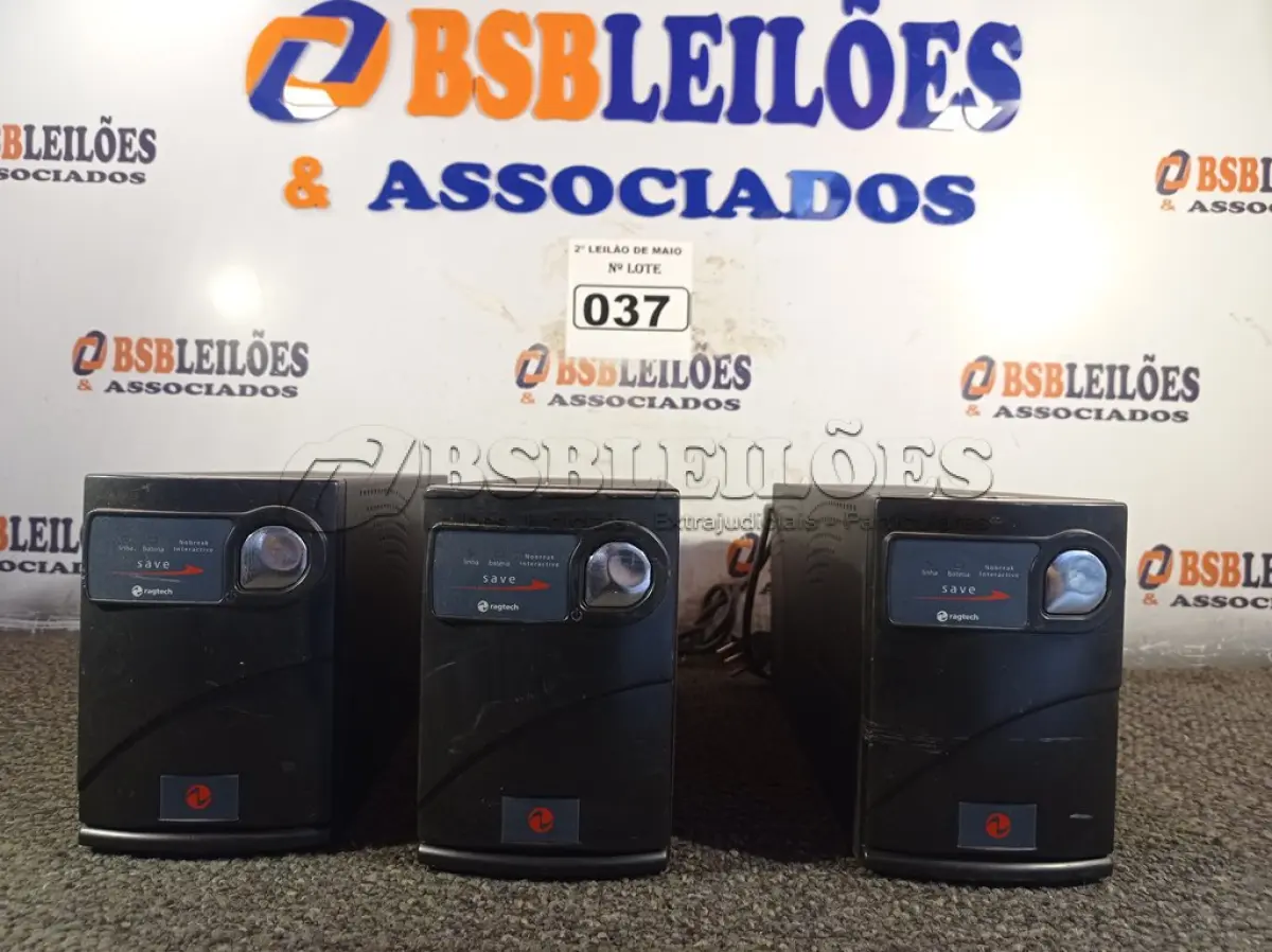 LOTE 037 - 03 NOBREAKS MARCAS RAGTECH 1200VA. (NO ESTADO) ATENÇÃO! FAZER A VISITAÇÃO ANTES DE ARREMATAR, NÃO SABEMOS SE FUNCIONA. LEILÃO NÃO TEM GARANTIA E NEM DEVOLUÇÃO, SUJEITO A POSSÍVEIS AVARIAS VISÍVEIS/OCULTAS E/OU AUSÊNCIA DE COMPONENTES.