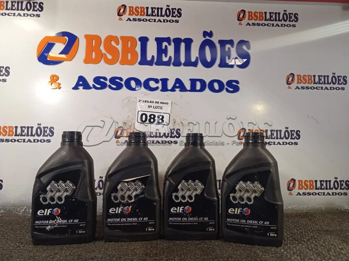 LOTE 088 - 04 LITROS DE ÓLEO ELF PARA MOTORES A DIESEL CF 40. (NO ESTADO) ATENÇÃO! FAZER A VISITAÇÃO ANTES DE ARREMATAR, NÃO SABEMOS SE FUNCIONA. LEILÃO NÃO TEM GARANTIA E NEM DEVOLUÇÃO, SUJEITO A POSSÍVEIS AVARIAS VISÍVEIS/OCULTAS E/OU AUSÊNCIA DE COMPONENTES.