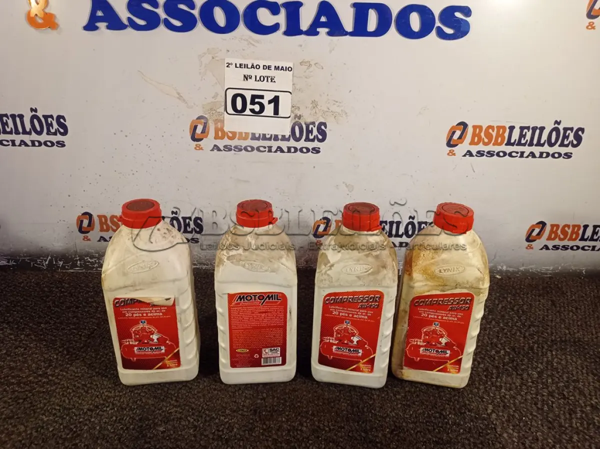 LOTE 051 - 04 LITROS DE LUBRIFICANTE MINERAL AW-150, PARA USO EM COMPRESSORES DE AR DE 20 PÉS E ACIMA. (NO ESTADO) ATENÇÃO! FAZER A VISITAÇÃO ANTES DE ARREMATAR, NÃO SABEMOS SE FUNCIONA. LEILÃO NÃO TEM GARANTIA E NEM DEVOLUÇÃO, SUJEITO A POSSÍVEIS AVARIAS VISÍVEIS/OCULTAS E/OU AUSÊNCIA DE COMPONENTES.