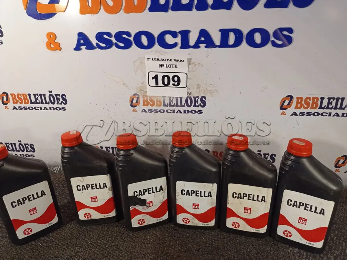 LOTE 109 - 06 LITROS DE ÓLEO CAPELA ISSO 68, LUBRIFICANTE MINERAL PARA COMPRESSORES DE REFRIGERAÇÃO DE SISTEMAS NÃO SELADOS QUE UTILIZEM COMO GÁS REFRIGERANTE O FREON, AMÔNIA E SIMILARES. (NO ESTADO) ATENÇÃO! FAZER A VISITAÇÃO ANTES DE ARREMATAR, NÃO SABEMOS SE FUNCIONA. LEILÃO NÃO TEM GARANTIA E NEM DEVOLUÇÃO, SUJEITO A POSSÍVEIS AVARIAS VISÍVEIS/OCULTAS E/OU AUSÊNCIA DE COMPONENTES.
