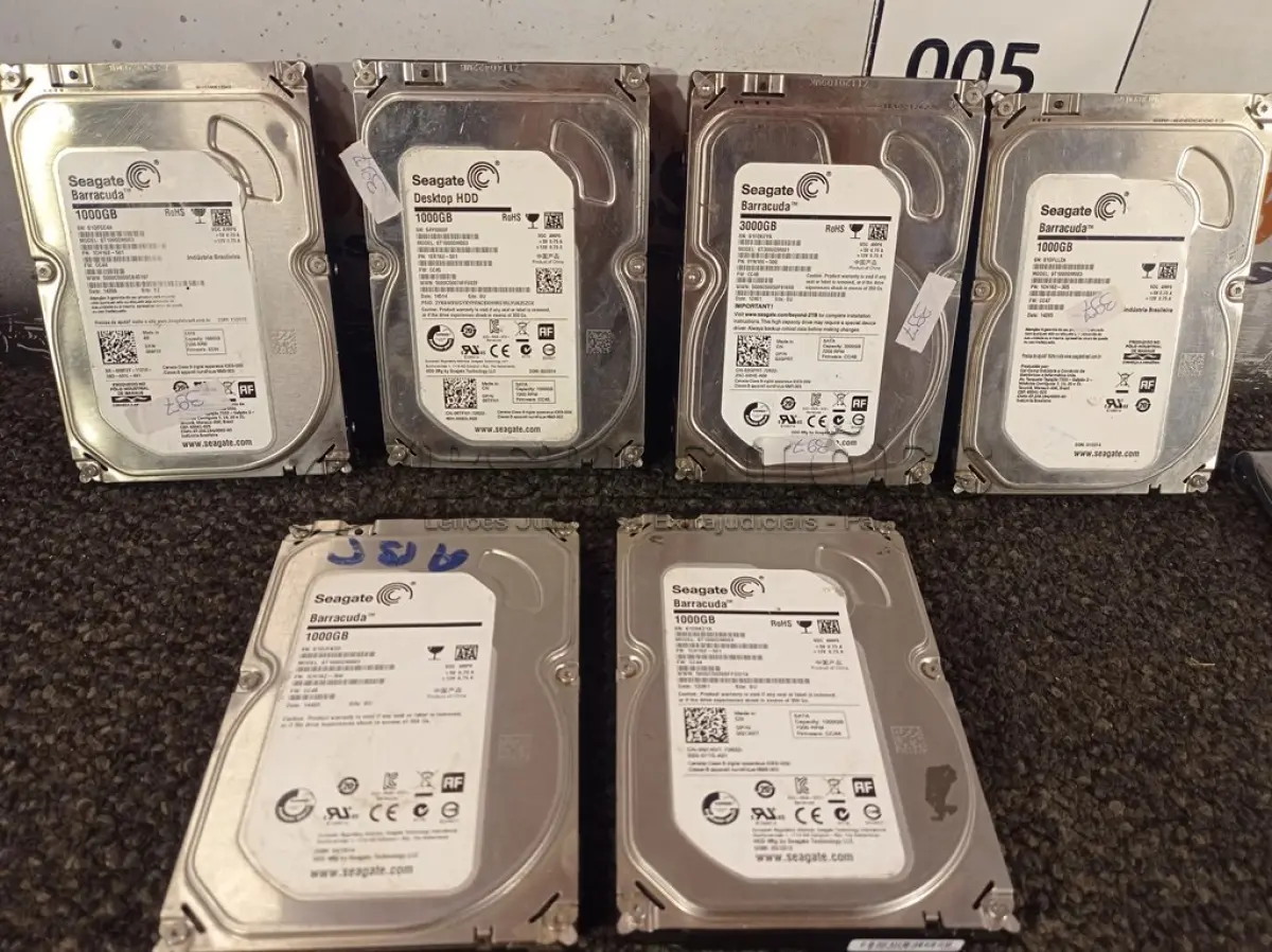 LOTE 005 - 01 LOTE COM DIVERSOS HDS, SENDO 01 DE 03TB E 05 DE 1TB, 04 HDS PARA NOTBOOK E 02 SSD.  (NO ESTADO) ATENÇÃO! FAZER A VISITAÇÃO ANTES DE ARREMATAR, NÃO SABEMOS SE FUNCIONA. LEILÃO NÃO TEM GARANTIA E NEM DEVOLUÇÃO, SUJEITO A POSSÍVEIS AVARIAS VISÍVEIS/OCULTAS E/OU AUSÊNCIA DE COMPONENTES.