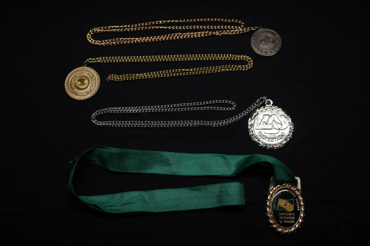 LOTE 045 - LOTE 45 – BANESTADO 	OBJETO	OBSERVAÇÕES 1.		Medalha Prateada Banestado – sem uso	3 unidades 2.		Medalha Associação Banestado – Inauguração Ginásio de Esportes-  30 de outubro de 1982	5 unidades 3.		Pin Banestado Feira do Paraná Super Plus Titulo de Capitalização.	3 unidades 4.		Pin CIN Centro Internacional de Negócios -  Banestado	1 unidade 5.		Pin 8ª Assembleia Geral da Federação Luterana Mundial – 1998 - Banestado	1 unidade 6.		Crachá de funcionário Banestado em metal	1 unidade 7.		Medalha Campeonato Paranaense de Natação – Associação Masters do Paraná. 2000. Banestado	1 unidade 8.		Medalha Honra ao Mérito - Banestado	1 unidade 9.		Alfinete de Lapela Banestado – Foz do Iguacu	1 unidade 10.		Alfinete de Lapela Banestado – Pato Branco	2 unidade