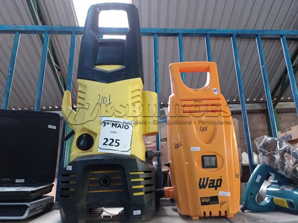 LOTE 225 - 02 LAVADORAS DE ALTA PRESSÃO COM AVARIAS. (NO ESTADO) ATENÇÃO! FAZER A VISITAÇÃO ANTES DE ARREMATAR, NÃO SABEMOS SE FUNCIONA. LEILÃO NÃO TEM GARANTIA E NEM DEVOLUÇÃO, SUJEITO A POSSÍVEIS AVARIAS VISÍVEIS/OCULTAS E/OU AUSÊNCIA DE COMPONENTES.