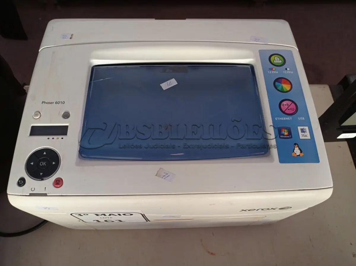 LOTE 161 - 01 IMPRESSORA MODELO PHASER 6010 MARCA XEROX. (NO ESTADO) ATENÇÃO! FAZER A VISITAÇÃO ANTES DE ARREMATAR, NÃO SABEMOS SE FUNCIONA. LEILÃO NÃO TEM GARANTIA E NEM DEVOLUÇÃO, SUJEITO A POSSÍVEIS AVARIAS VISÍVEIS/OCULTAS E/OU AUSÊNCIA DE COMPONENTES.