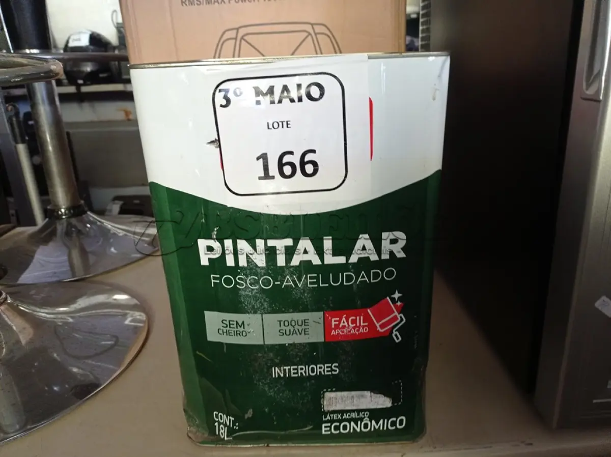 LOTE 166 - 01 LATA DE TINTA IQUINE AVELUDADA 18L PINTALAR. (NO ESTADO) ATENÇÃO! FAZER A VISITAÇÃO ANTES DE ARREMATAR, NÃO SABEMOS SE FUNCIONA. LEILÃO NÃO TEM GARANTIA E NEM DEVOLUÇÃO, SUJEITO A POSSÍVEIS AVARIAS VISÍVEIS/OCULTAS E/OU AUSÊNCIA DE COMPONENTES.