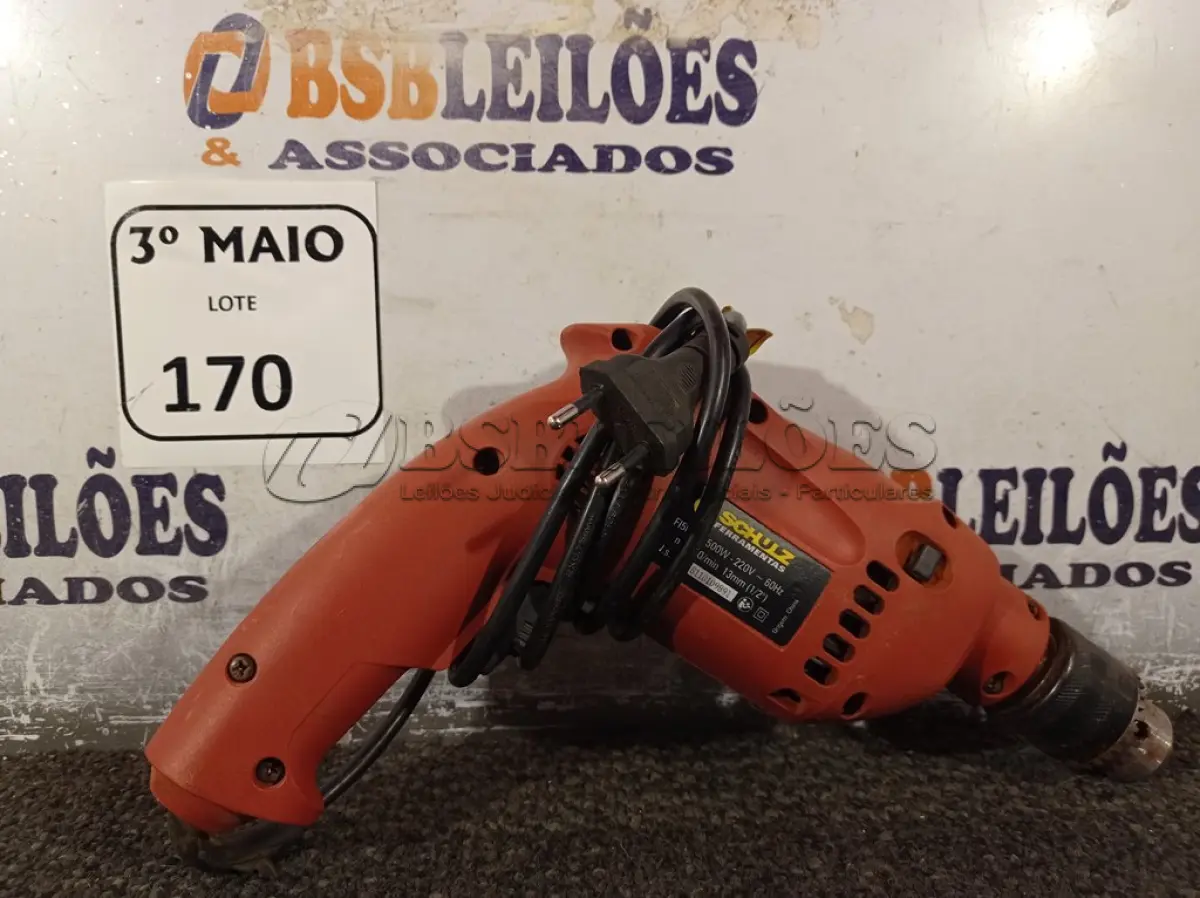LOTE 170 - 01 PARAFUSADEIRA/FURADEIRA MARCA SCHUZ 220V. (NO ESTADO) ATENÇÃO! FAZER A VISITAÇÃO ANTES DE ARREMATAR, NÃO SABEMOS SE FUNCIONA. LEILÃO NÃO TEM GARANTIA E NEM DEVOLUÇÃO, SUJEITO A POSSÍVEIS AVARIAS VISÍVEIS/OCULTAS E/OU AUSÊNCIA DE COMPONENTES.
