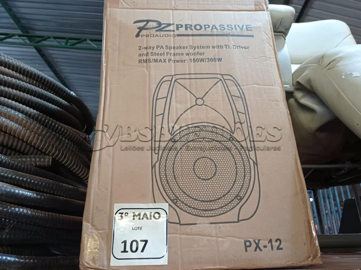 LOTE 107 - 1 CAIXA DE SOM PZPROPASSIVE PROAUDIO PX-12. (NO ESTADO) ATENÇÃO! FAZER A VISITAÇÃO ANTES DE ARREMATAR, NÃO SABEMOS SE FUNCIONA. LEILÃO NÃO TEM GARANTIA E NEM DEVOLUÇÃO, SUJEITO A POSSÍVEIS AVARIAS VISÍVEIS/OCULTAS E/OU AUSÊNCIA DE COMPONENTES.