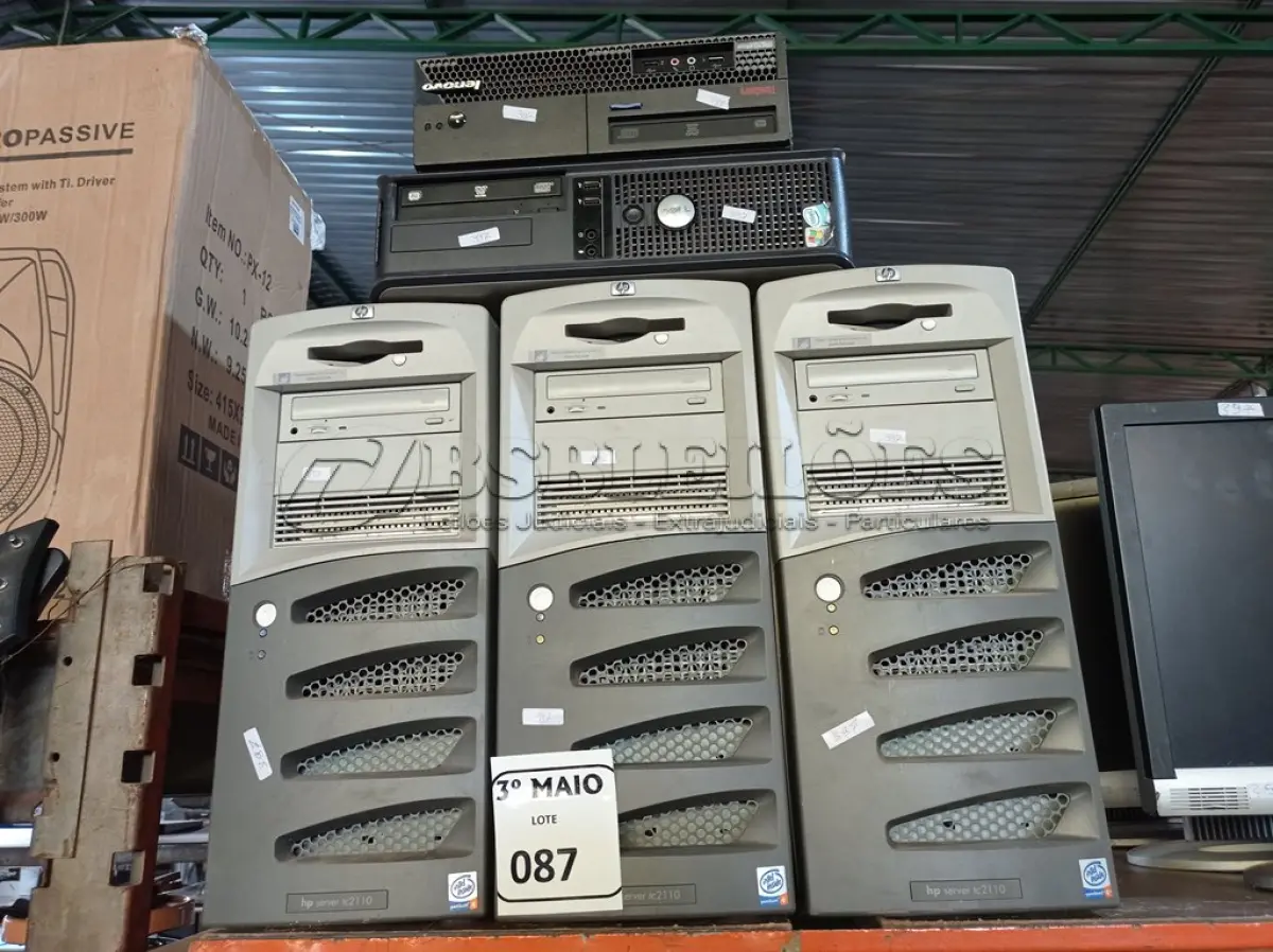 LOTE 087 - 02 CPU’S E 03 SERVIDORES MODELO TC2110 MARCA HP. (NO ESTADO) ATENÇÃO! FAZER A VISITAÇÃO ANTES DE ARREMATAR, NÃO SABEMOS SE FUNCIONA. LEILÃO NÃO TEM GARANTIA E NEM DEVOLUÇÃO, SUJEITO A POSSÍVEIS AVARIAS VISÍVEIS/OCULTAS E/OU AUSÊNCIA DE COMPONENTES.