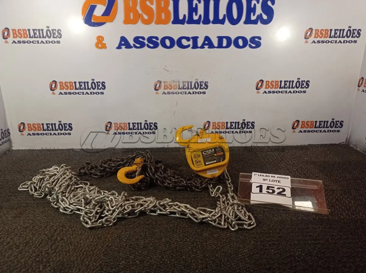 LOTE 152 - 01 TALHA MANUAL DE CORRENTE 1T 5M DE ELEVAÇÃO CSM. (NO ESTADO) ATENÇÃO! FAZER A VISITAÇÃO ANTES DE ARREMATAR, NÃO SABEMOS SE FUNCIONA. LEILÃO NÃO TEM GARANTIA E NEM DEVOLUÇÃO, SUJEITO A POSSÍVEIS AVARIAS VISÍVEIS/OCULTAS E/OU AUSÊNCIA DE COMPONENTES.