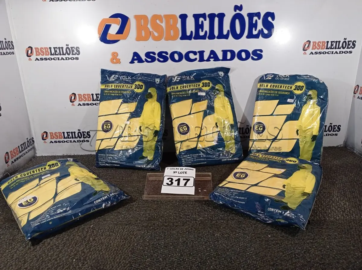 LOTE 317 - 01 LOTE COM 05 MACACÕES VOLH COVERTECH 300, TAMANHO EG NA COR AMARELA. (NOVO) (NO ESTADO) ATENÇÃO! FAZER A VISITAÇÃO ANTES DE ARREMATAR, NÃO SABEMOS SE FUNCIONA. LEILÃO NÃO TEM GARANTIA E NEM DEVOLUÇÃO, SUJEITO A POSSÍVEIS AVARIAS VISÍVEIS/OCULTAS E/OU AUSÊNCIA DE COMPONENTES.