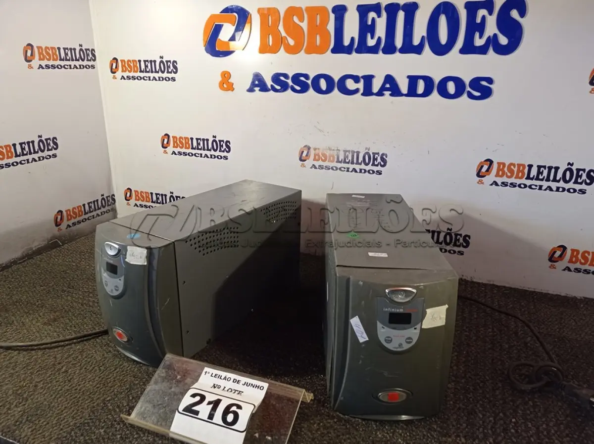 LOTE 216 - 02 NOBREAKS DE 1900VA MARCA INFINIUM. (NO ESTADO) ATENÇÃO! FAZER A VISITAÇÃO ANTES DE ARREMATAR, NÃO SABEMOS SE FUNCIONA. LEILÃO NÃO TEM GARANTIA E NEM DEVOLUÇÃO, SUJEITO A POSSÍVEIS AVARIAS VISÍVEIS/OCULTAS E/OU AUSÊNCIA DE COMPONENTES.