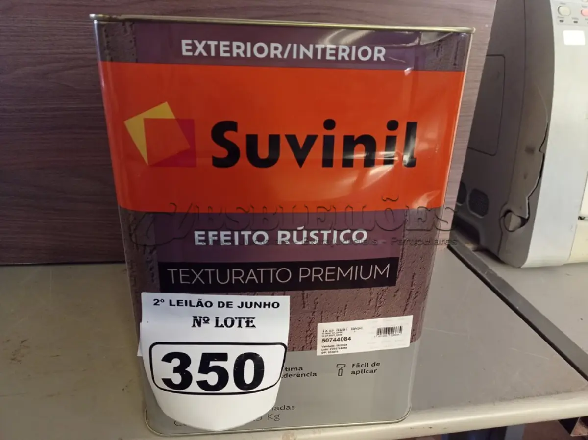 LOTE 350 - 01 LATA DE TINTA TEXTURATTO PREMIUM EFEITO RÚSTICO EXTERIOR/INTERIOR SUVINIL 25KG. (NO ESTADO) ATENÇÃO! FAZER A VISITAÇÃO ANTES DE ARREMATAR, NÃO SABEMOS SE FUNCIONA. LEILÃO NÃO TEM GARANTIA E NEM DEVOLUÇÃO, SUJEITO A POSSÍVEIS AVARIAS VISÍVEIS/OCULTAS E/OU AUSÊNCIA DE COMPONENTES.