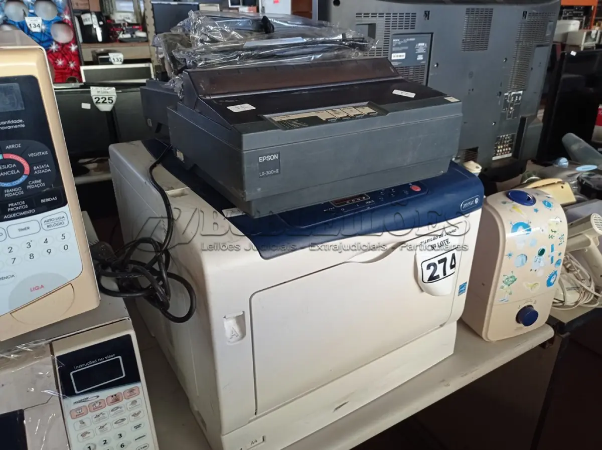 LOTE 274 - 03 IMPRESSORAS, SENDO 01 MARCA XEROX E 02 LX300 E VÁRIAS FITAS PARA IMPRESSORA. (NO ESTADO) ATENÇÃO! FAZER A VISITAÇÃO ANTES DE ARREMATAR, NÃO SABEMOS SE FUNCIONA. LEILÃO NÃO TEM GARANTIA E NEM DEVOLUÇÃO, SUJEITO A POSSÍVEIS AVARIAS VISÍVEIS/OCULTAS E/OU AUSÊNCIA DE COMPONENTES.