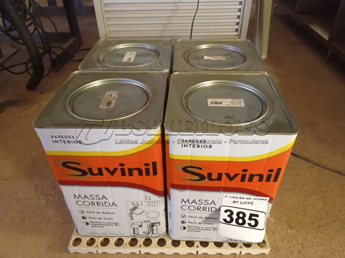 LOTE 385 - 01 LOTE COM 04 LATAS DE MASSA CORRIDA PARA PAREDES INTERIOR CONTENDO 28KG CADA MARCA SUVINIL. (NO ESTADO) ATENÇÃO! FAZER A VISITAÇÃO ANTES DE ARREMATAR, NÃO SABEMOS SE FUNCIONA. LEILÃO NÃO TEM GARANTIA E NEM DEVOLUÇÃO, SUJEITO A POSSÍVEIS AVARIAS VISÍVEIS/OCULTAS E/OU AUSÊNCIA DE COMPONENTES.