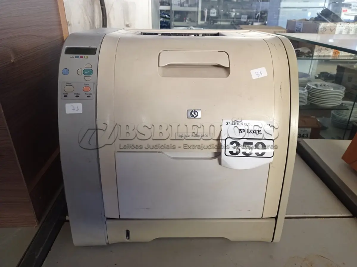 LOTE 359 - 01 IMPRESSORA COLORIDA LASER JET, MODELO:3500 MARCA HP. (NO ESTADO) ATENÇÃO! FAZER A VISITAÇÃO ANTES DE ARREMATAR, NÃO SABEMOS SE FUNCIONA. LEILÃO NÃO TEM GARANTIA E NEM DEVOLUÇÃO, SUJEITO A POSSÍVEIS AVARIAS VISÍVEIS/OCULTAS E/OU AUSÊNCIA DE COMPONENTES.