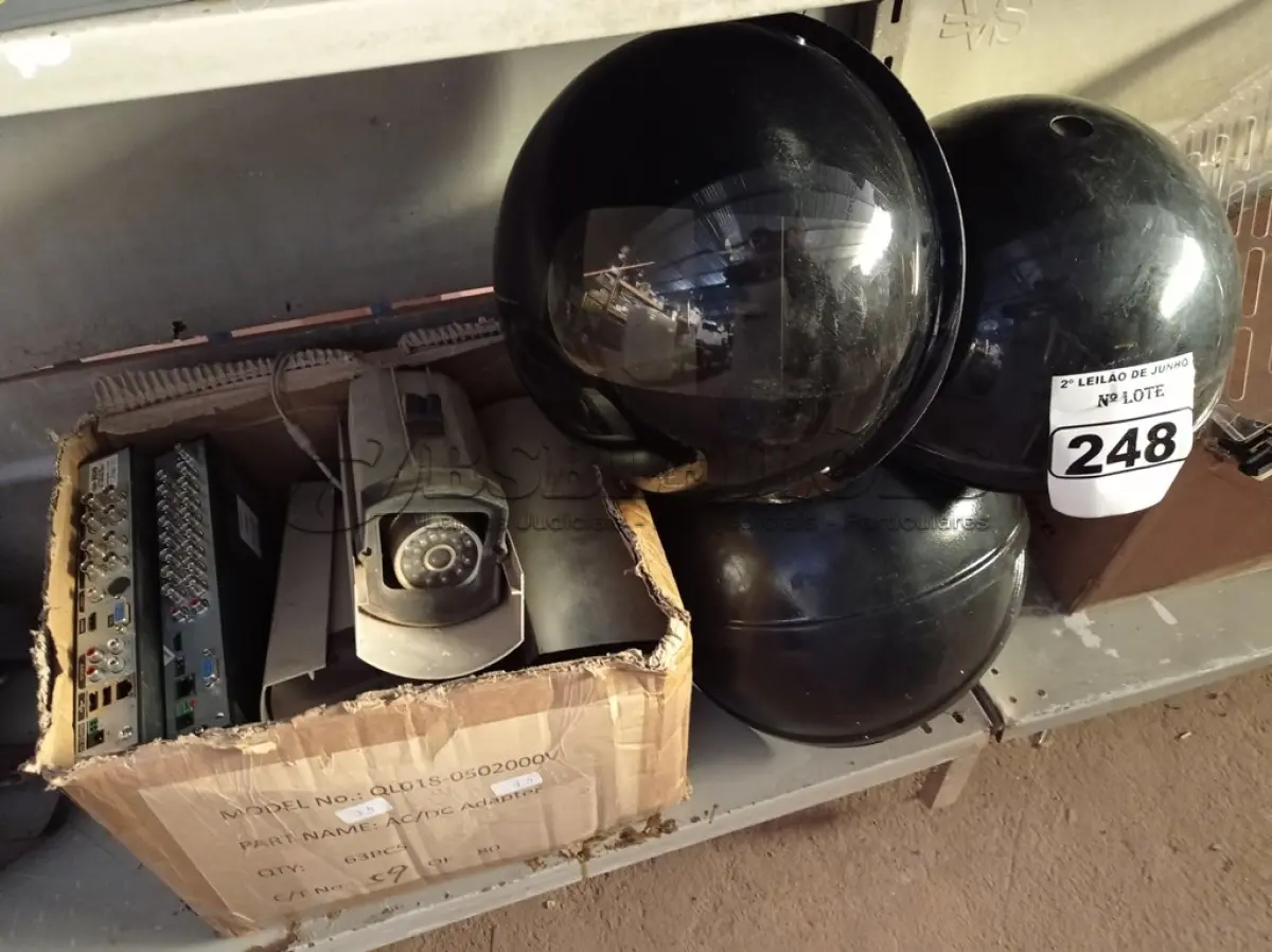 LOTE 248 - 01 LOTE COM CÂMERAS DE SEGURANÇA, 02 DVR PARA RETIRADA DE PEÇAS E 03 SUPORTES DE CÂMERAS DOME. (NO ESTADO) ATENÇÃO! FAZER A VISITAÇÃO ANTES DE ARREMATAR, NÃO SABEMOS SE FUNCIONA. LEILÃO NÃO TEM GARANTIA E NEM DEVOLUÇÃO, SUJEITO A POSSÍVEIS AVARIAS VISÍVEIS/OCULTAS E/OU AUSÊNCIA DE COMPONENTES.
