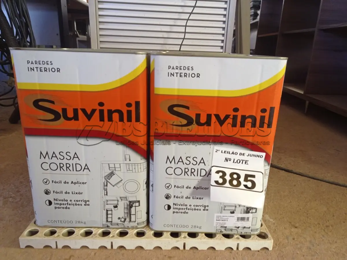 LOTE 385 - 01 LOTE COM 04 LATAS DE MASSA CORRIDA PARA PAREDES INTERIOR CONTENDO 28KG CADA MARCA SUVINIL. (NO ESTADO) ATENÇÃO! FAZER A VISITAÇÃO ANTES DE ARREMATAR, NÃO SABEMOS SE FUNCIONA. LEILÃO NÃO TEM GARANTIA E NEM DEVOLUÇÃO, SUJEITO A POSSÍVEIS AVARIAS VISÍVEIS/OCULTAS E/OU AUSÊNCIA DE COMPONENTES.
