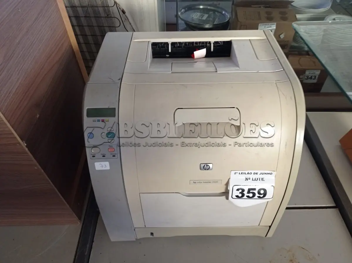 LOTE 359 - 01 IMPRESSORA COLORIDA LASER JET, MODELO:3500 MARCA HP. (NO ESTADO) ATENÇÃO! FAZER A VISITAÇÃO ANTES DE ARREMATAR, NÃO SABEMOS SE FUNCIONA. LEILÃO NÃO TEM GARANTIA E NEM DEVOLUÇÃO, SUJEITO A POSSÍVEIS AVARIAS VISÍVEIS/OCULTAS E/OU AUSÊNCIA DE COMPONENTES.