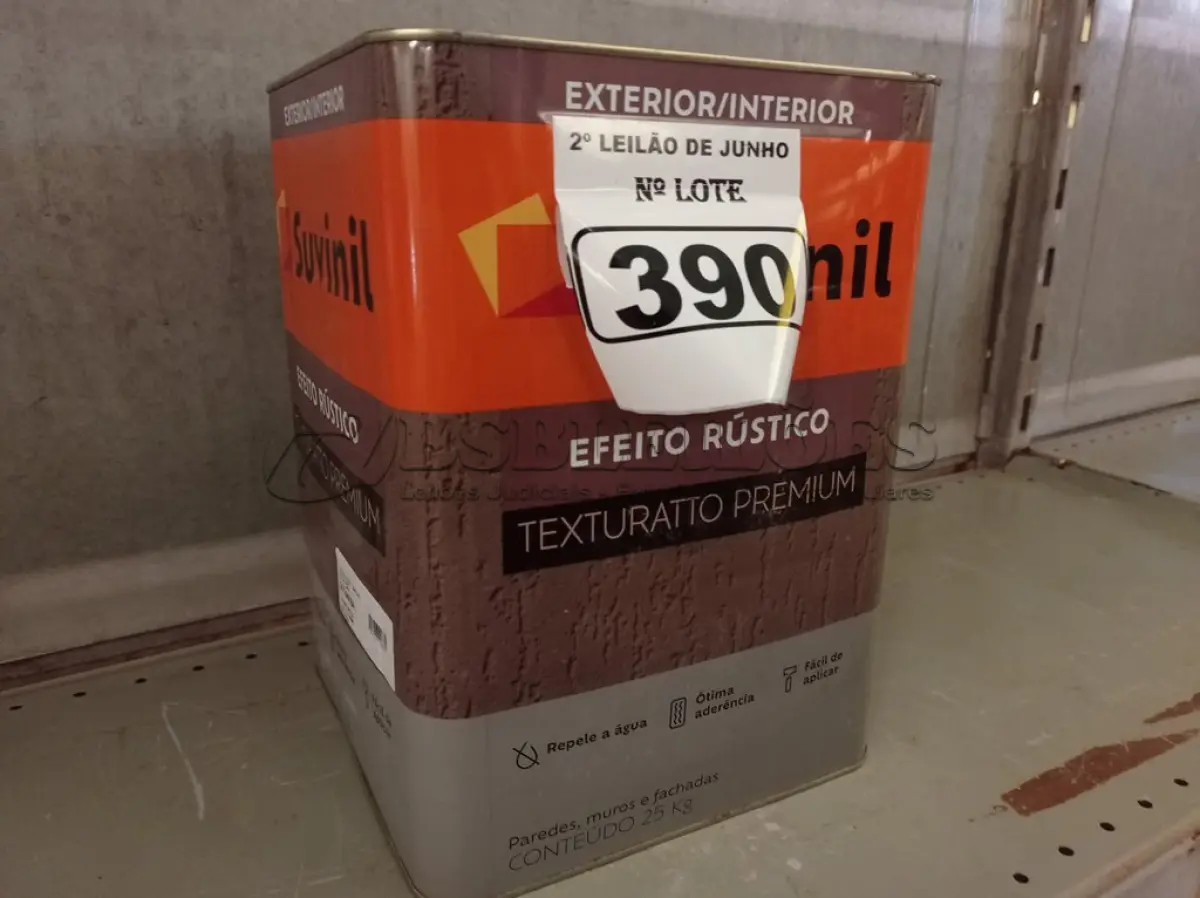 LOTE 390 - 01 LATA DE TINTA TEXTURATTO PREMIUM EFEITO RÚSTICO EXTERIOR/INTERIOR SUVINIL 25KG. (NO ESTADO) ATENÇÃO! FAZER A VISITAÇÃO ANTES DE ARREMATAR, NÃO SABEMOS SE FUNCIONA. LEILÃO NÃO TEM GARANTIA E NEM DEVOLUÇÃO, SUJEITO A POSSÍVEIS AVARIAS VISÍVEIS/OCULTAS E/OU AUSÊNCIA DE COMPONENTES.