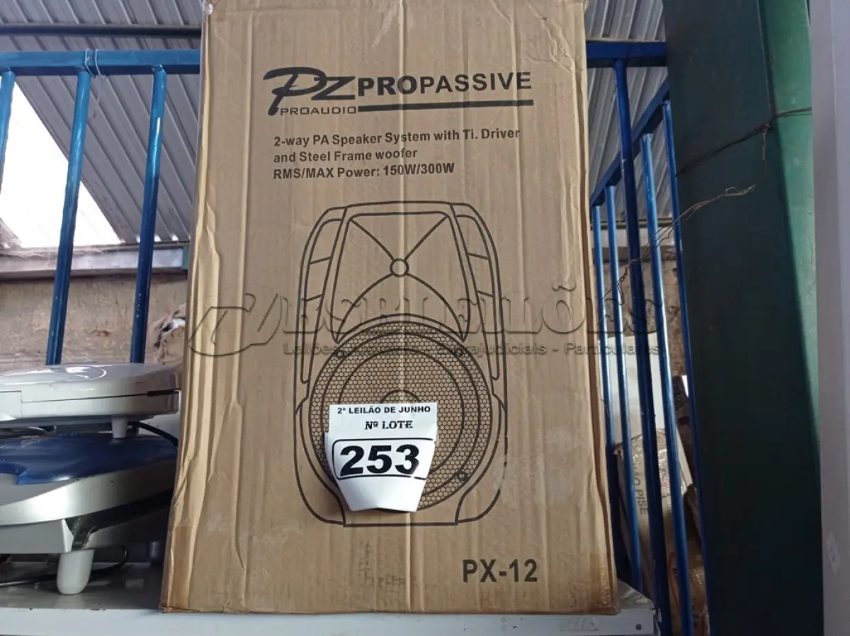 LOTE 253 - 01 CAIXA DE SOM PZPROPASSIVE PROAUDIO PX-12. (NO ESTADO) ATENÇÃO! FAZER A VISITAÇÃO ANTES DE ARREMATAR, NÃO SABEMOS SE FUNCIONA. LEILÃO NÃO TEM GARANTIA E NEM DEVOLUÇÃO, SUJEITO A POSSÍVEIS AVARIAS VISÍVEIS/OCULTAS E/OU AUSÊNCIA DE COMPONENTES.
