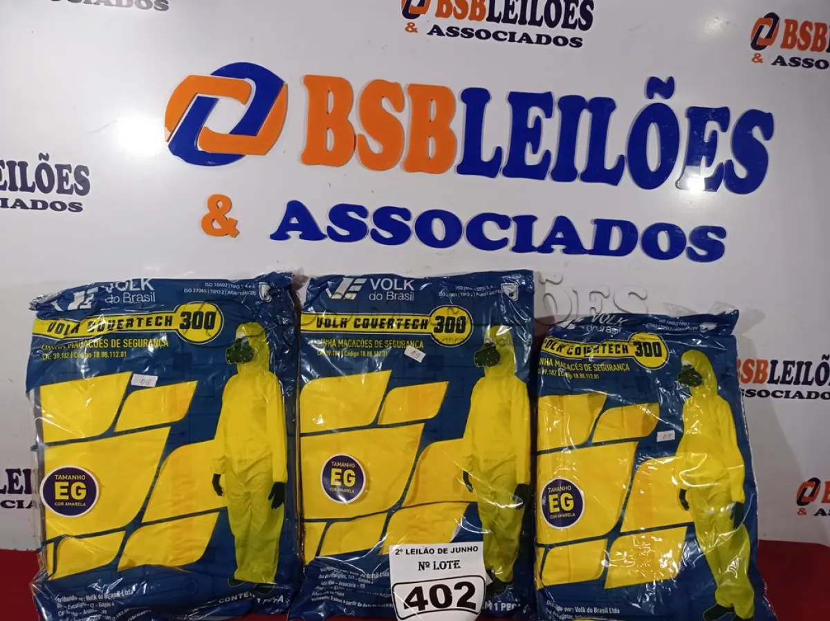 LOTE 402 - 01 LOTE COM 05 MACACÕES VOLH COVERTECH 300 TAMANHO G NA COR AMARELA. (NOVO) (NO ESTADO) ATENÇÃO! FAZER A VISITAÇÃO ANTES DE ARREMATAR, NÃO SABEMOS SE FUNCIONA. LEILÃO NÃO TEM GARANTIA E NEM DEVOLUÇÃO, SUJEITO A POSSÍVEIS AVARIAS VISÍVEIS/OCULTAS E/OU AUSÊNCIA DE COMPONENTES.